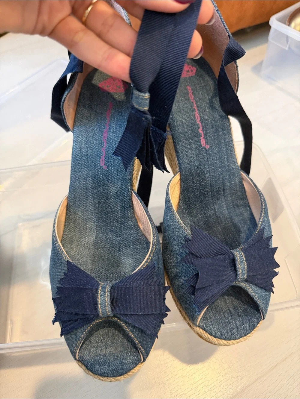 Denim Espadrille Wedge Sandals with Navy Ribbon Detail